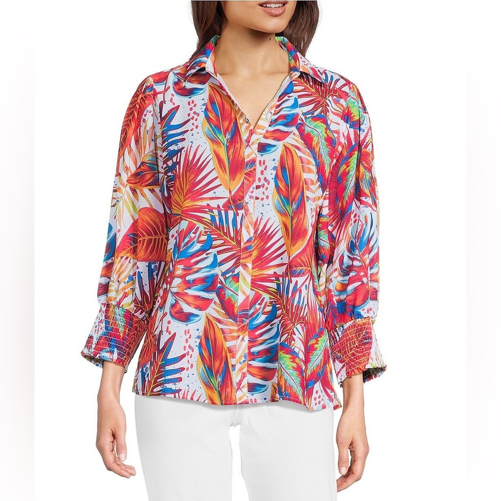 NWT Ali Miles Sz PXL Floral Woven Point Collar 3/4 Sleeve Tunic Casual Travel